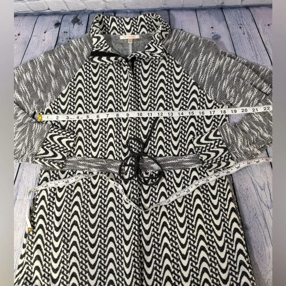 Skies are Blue Black White Boho Geo Zip Front Tie Waist Jacket Cardigan Size S